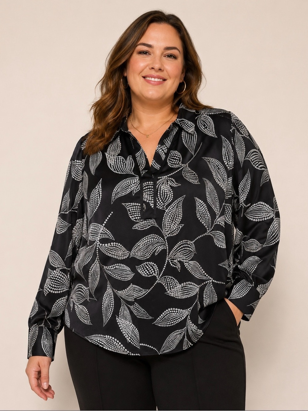 Lane Bryant Black White Leaf Print Blouse Size 18 Long Sleeve Collared Top